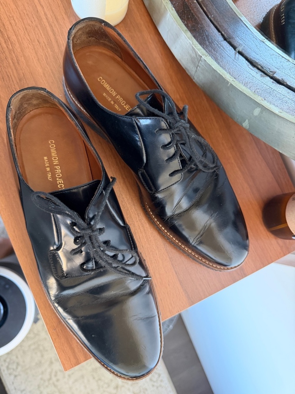 Common Projects  Black Leather Derby Shoes - Patent Dress Shoe
